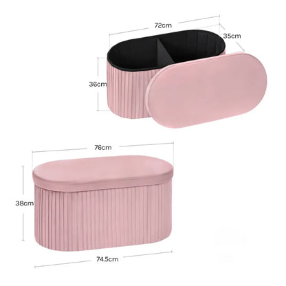 Banc coffre en velours rose avec rangement pliable, design moderne et décoratif, idéal pour salon ou chambre.