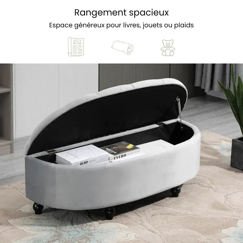Banc coffre en velours gris de Maison Banc, design chic avec espace de rangement discret.