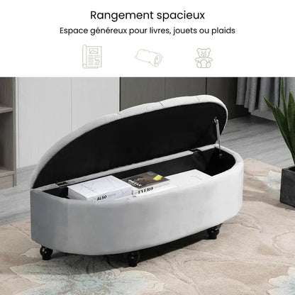 Banc coffre en velours gris de Maison Banc, design chic avec espace de rangement discret.