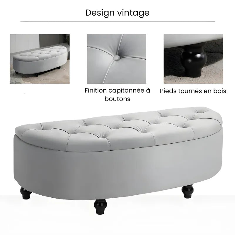 Banc coffre en velours gris avec design chic et espace de rangement discret, parfait pour un intérieur élégant.