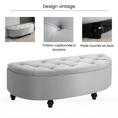Banc coffre en velours gris avec design chic et espace de rangement discret, parfait pour un intérieur élégant.