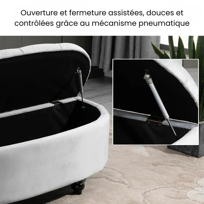 Banc coffre en velours gris de style chic avec rangement discret, conçu par Maison Banc.