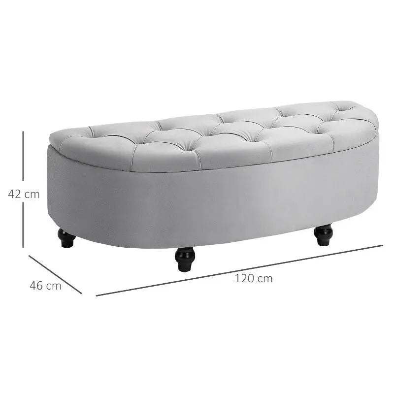 Banc coffre en velours gris avec design chic et espace de rangement discret, idéal pour décoration intérieure élégante.