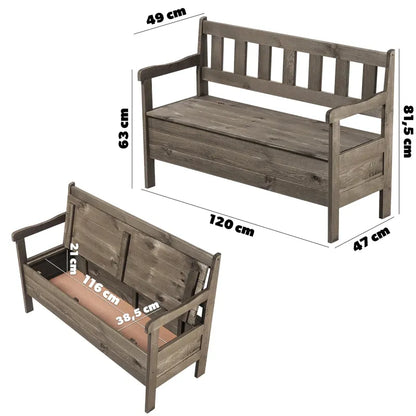 Banquette de jardin classique en bois avec coffre de rangement discret, design élégant et robuste, idéal pour l'extérieur.
