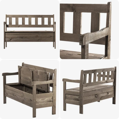 Banc de jardin classique en bois avec coffre de rangement discret, design élégant et finition naturelle pour espace extérieur.