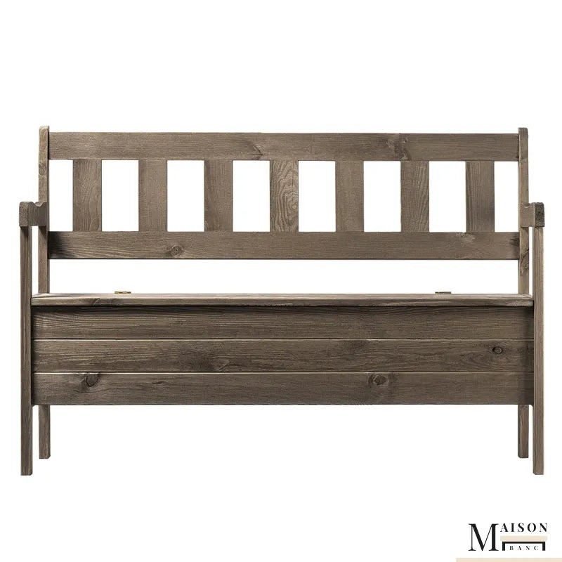Banc de jardin classique en bois avec coffre de rangement discret, conçu par Maison Banc, idéal pour l'extérieur.
