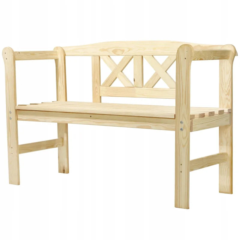 Banc de jardin classique en bois de pin de la marque Maison Banc, assise conviviale en bois naturel.