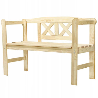 Banc de jardin classique en bois de pin de la marque Maison Banc, assise conviviale en bois naturel.