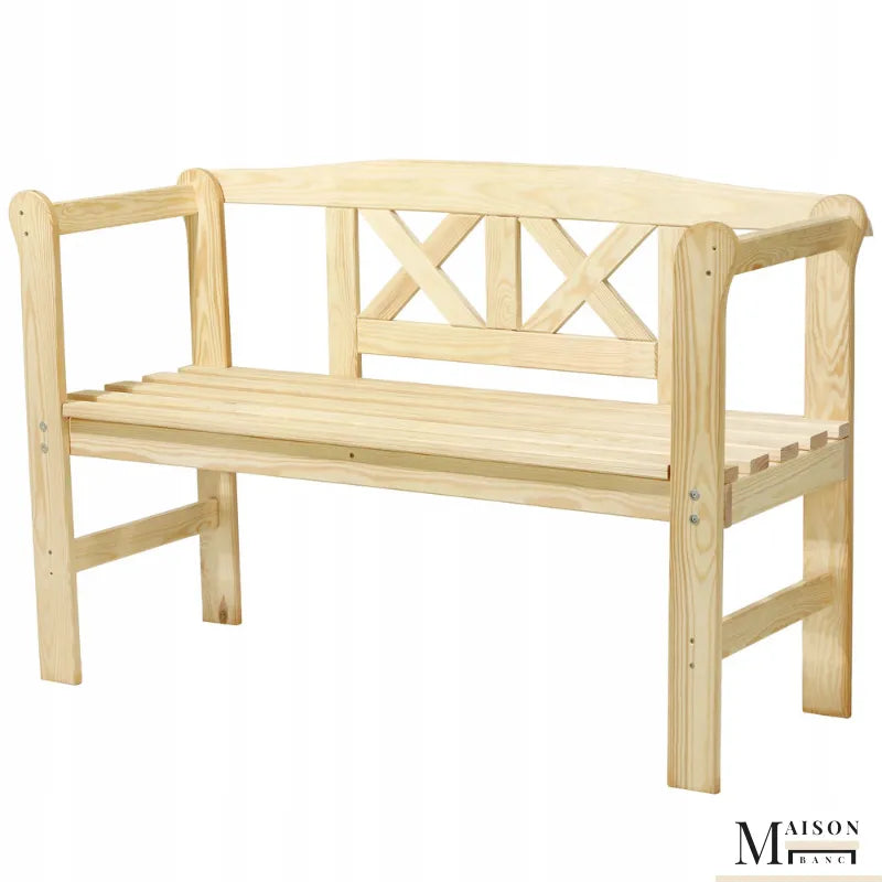 Banc de jardin classique en bois de pin de la marque Maison Banc, assise conviviale et robuste pour espace extérieur.