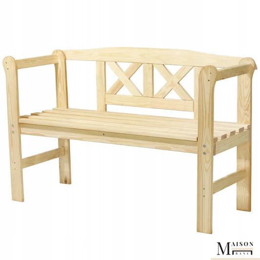 Banc de jardin classique en bois de pin de la marque Maison Banc, assise conviviale et robuste pour espace extérieur.