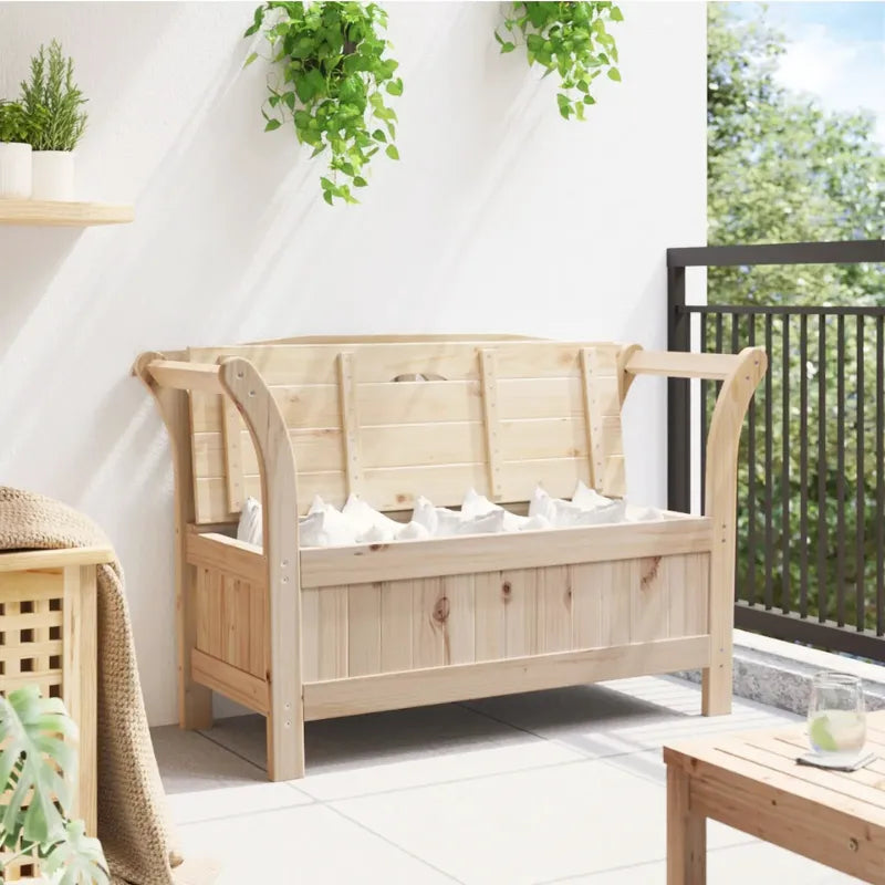 Banc de jardin en pin de style classique avec coffre, assise confortable et espace de rangement, conçu par Maison Banc.