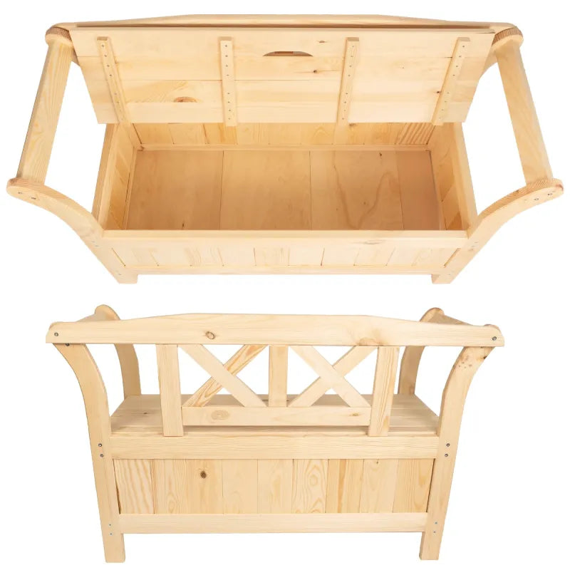 Banc de jardin en pin de style classique avec coffre de rangement et assise confortable, par Maison Banc.