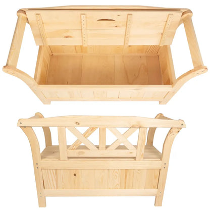 Banc de jardin en pin de style classique avec coffre de rangement et assise confortable, par Maison Banc.