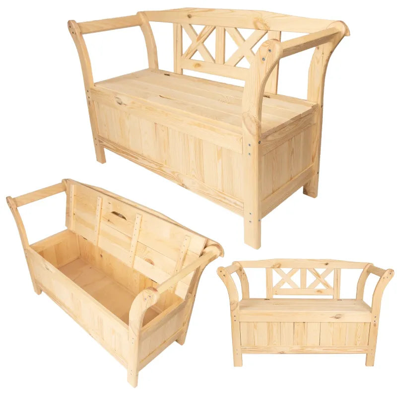 Banquette de jardin en pin de style classique avec coffre de rangement et assise solide, par Maison Banc