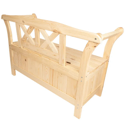 Banquette de jardin en pin de style classique avec coffre de rangement et assise confortable, par Maison Banc.