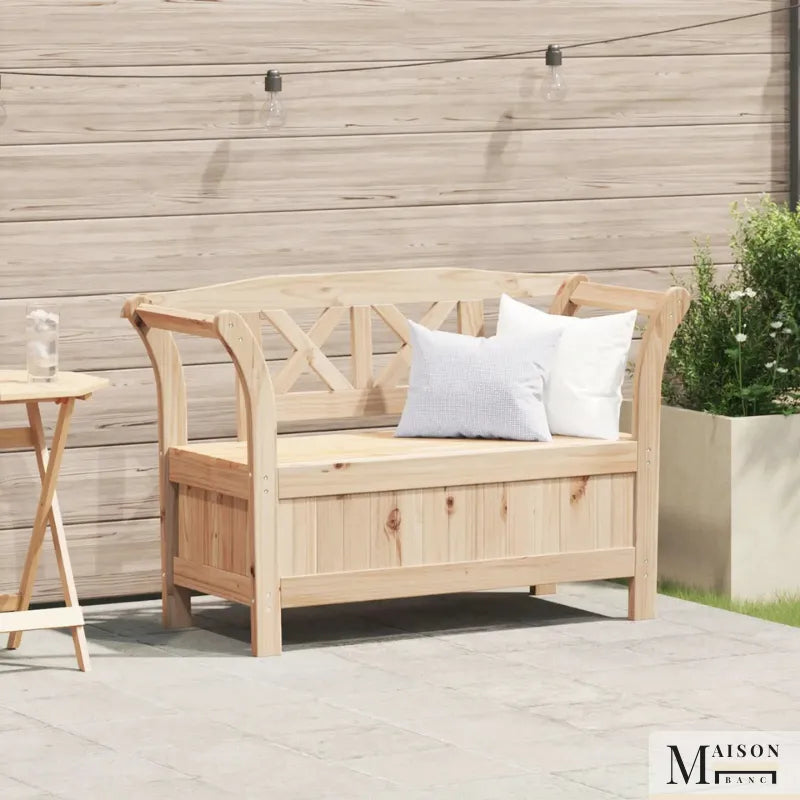 Banc de jardin en pin avec coffre, design classique, assise confortable et espace de rangement, par Maison Banc.