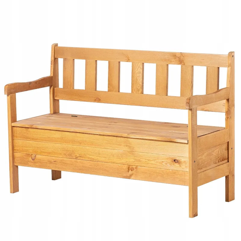 Banc de jardin en bois classique avec coffre intégré, assise confortable et espace de rangement, de la marque Maison Banc