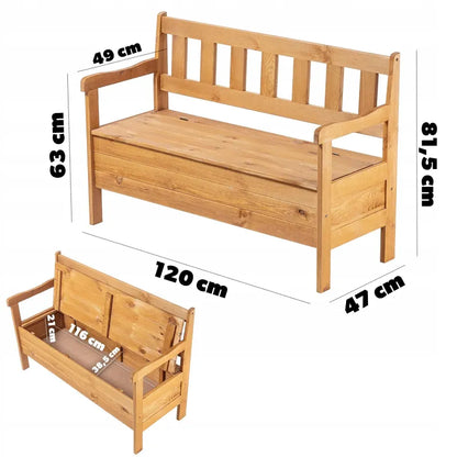 Banc de jardin en bois classique avec coffre intégré, assise confortable et espace de rangement, de la marque Maison Banc.