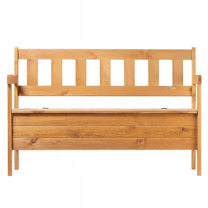 Banc de jardin en bois classique avec coffre intégré, assise confortable et espace de rangement, par Maison Banc.
