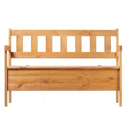 Banc de jardin en bois classique avec coffre intégré, assise confortable et espace de rangement, par Maison Banc.