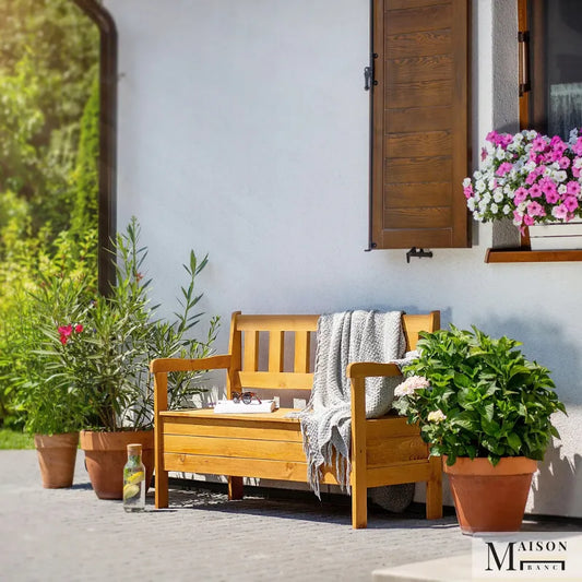 Banc de jardin en bois classique avec coffre intégré, assise confortable et espace de rangement, de la marque Maison Banc.