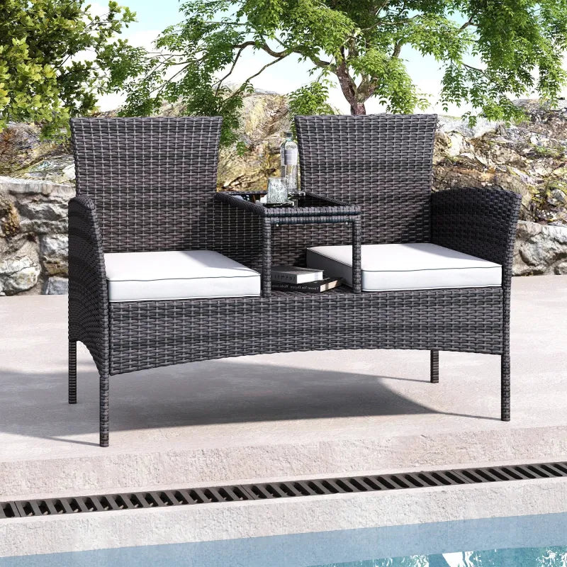 Banc de jardin en rotin moderne avec table intégrée, design élégant et confortable, couleur noir, mobilier extérieur Maison Banc
