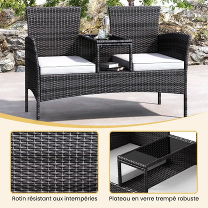 Banc de jardin en rotin noir avec table intégrée, design moderne, confort élégant, par Maison Banc.