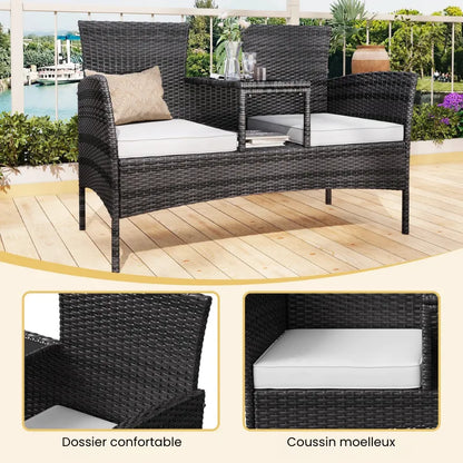 Banc de jardin en rotin moderne avec table assortie, design élégant et confortable, en rotin noir, par Maison Banc.