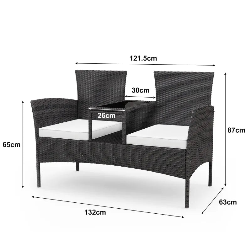 Banc de jardin en rotin noir de Maison Banc avec table intégrée, design moderne et confortable pour extérieur élégant.