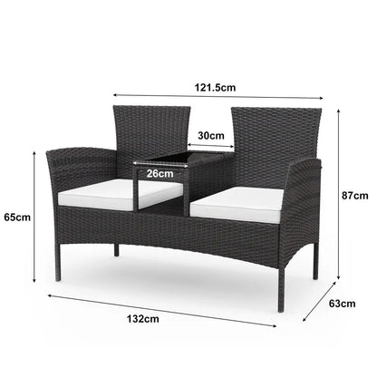 Banc de jardin en rotin noir de Maison Banc avec table intégrée, design moderne et confortable pour extérieur élégant.