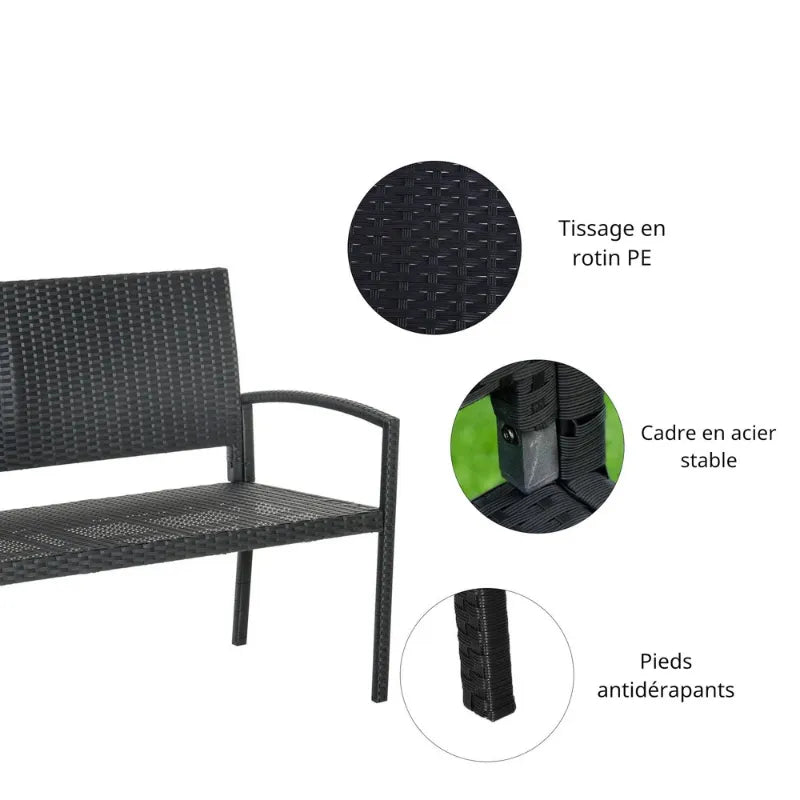 Banquette de jardin moderne minimaliste avec structure en métal noir et assise en rotin résistant, conçue par Maison Banc.