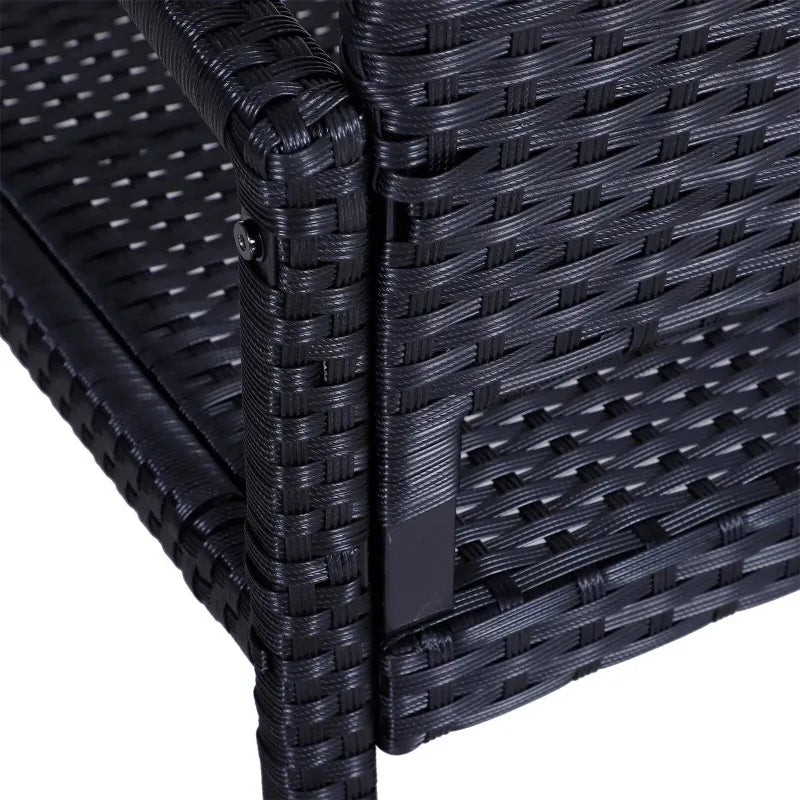 Banc de jardin moderne minimaliste en métal noir et rotin résistant, structure élégante et durable pour extérieur.