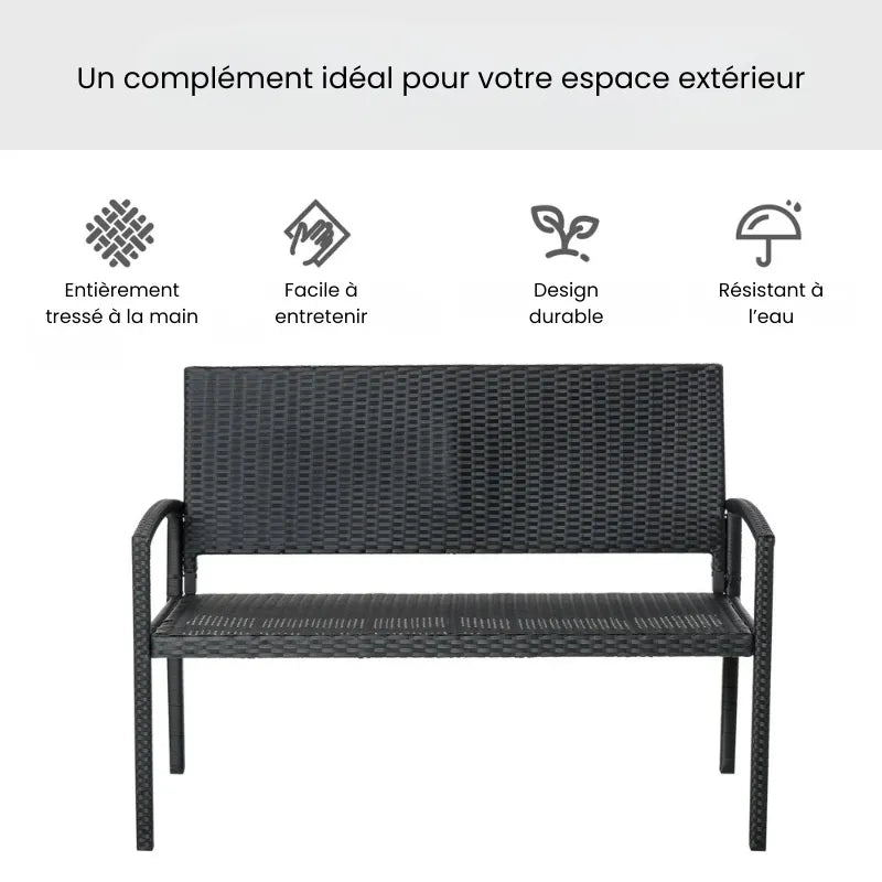 Banc de jardin moderne minimaliste en métal et rotin résistant noir, design épuré pour extérieur.