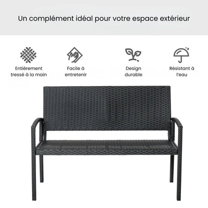 Banc de jardin moderne minimaliste en métal et rotin résistant noir, design épuré pour extérieur.