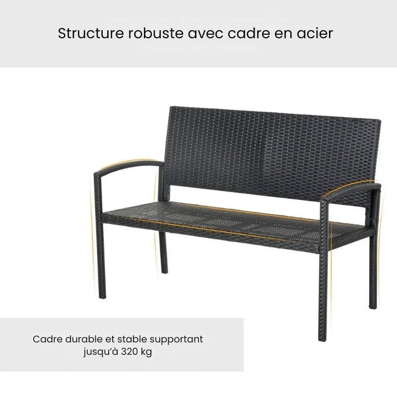 Banc de jardin moderne minimaliste Maison Banc avec structure en métal noir et assise en rotin résistant, style contemporain.