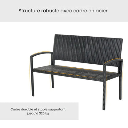 Banc de jardin moderne minimaliste Maison Banc avec structure en métal noir et assise en rotin résistant, style contemporain.