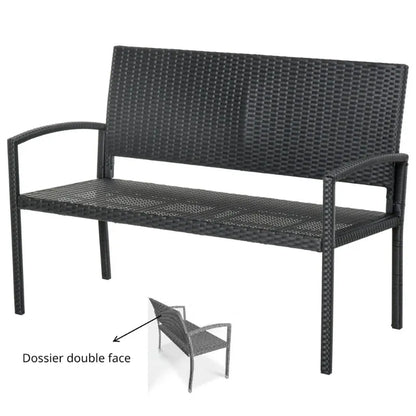 Banc de jardin moderne minimaliste en métal noir et rotin résistant, structure élégante pour espace extérieur.