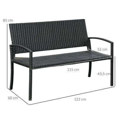 Banc de jardin moderne minimaliste Maison Banc avec structure en métal noir et assise en rotin résistant, design épuré.