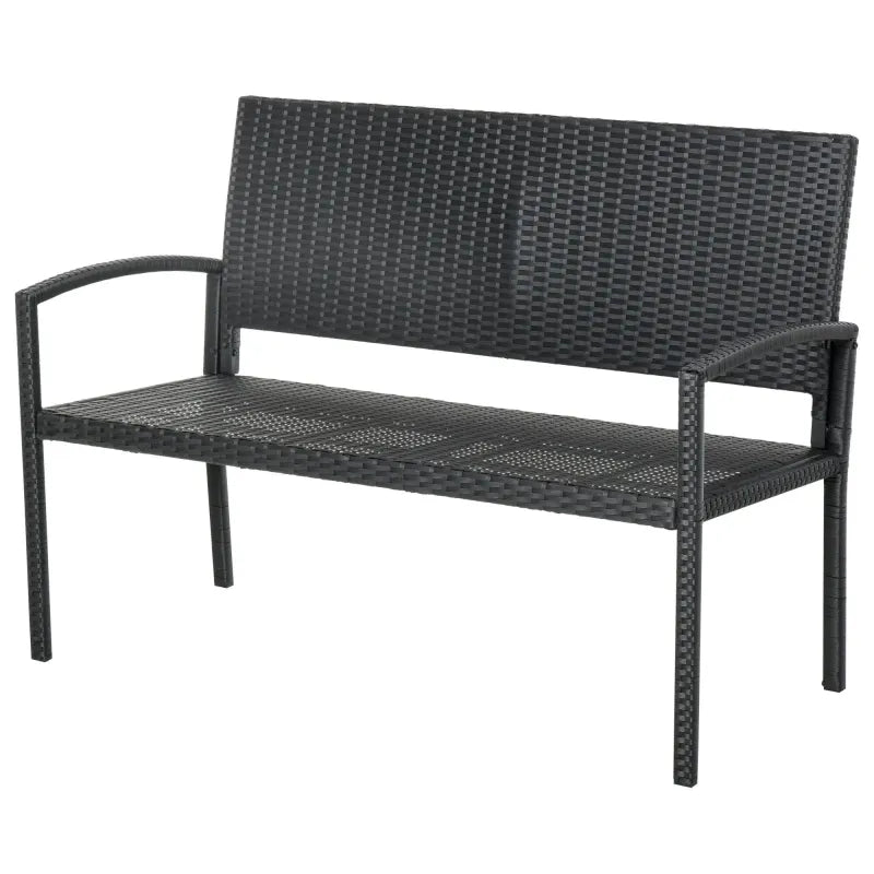 Banc de jardin moderne minimaliste en métal noir et rotin résistant, style contemporain pour extérieur.