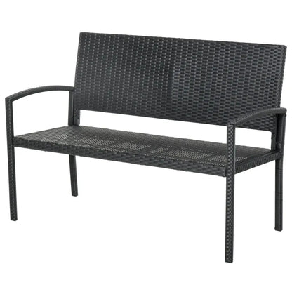 Banc de jardin moderne minimaliste en métal noir et rotin résistant, style contemporain pour extérieur.