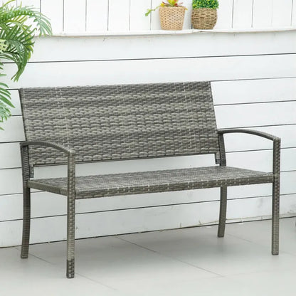 Banc de jardin moderne minimaliste en métal et rotin résistant de couleur gris, conçu par Maison Banc.