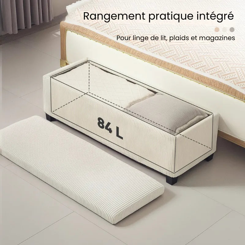 Banquette de rangement en velours côtelé gris de Maison Banc, design moderne avec coffre intégré, idéale pour la décoration intérieure.