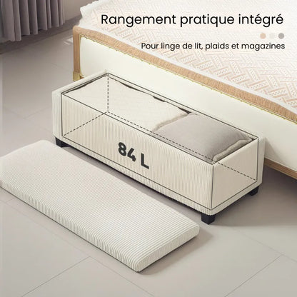 Banquette de rangement en velours côtelé gris de Maison Banc, design moderne avec coffre intégré, idéale pour la décoration intérieure.
