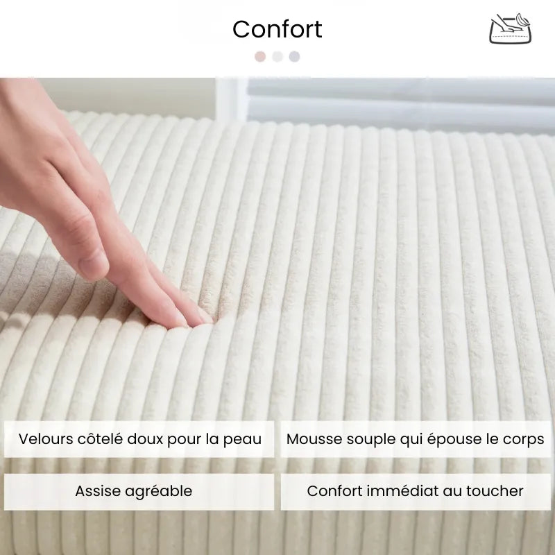 Banc de rangement en velours côtelé gris de marque Maison Banc, design moderne avec coffre intégré, assise élégante et pratique.
