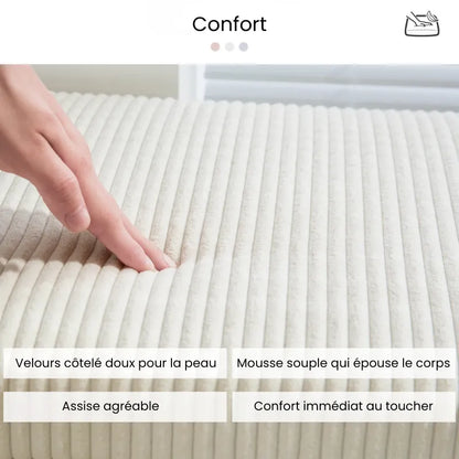Banc de rangement en velours côtelé gris de marque Maison Banc, design moderne avec coffre intégré, assise élégante et pratique.
