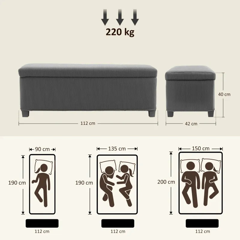 Banc de rangement en velours côtelé gris de style moderne, avec coffre intégré, par Maison Banc.