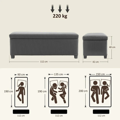 Banc de rangement en velours côtelé gris de style moderne, avec coffre intégré, par Maison Banc.