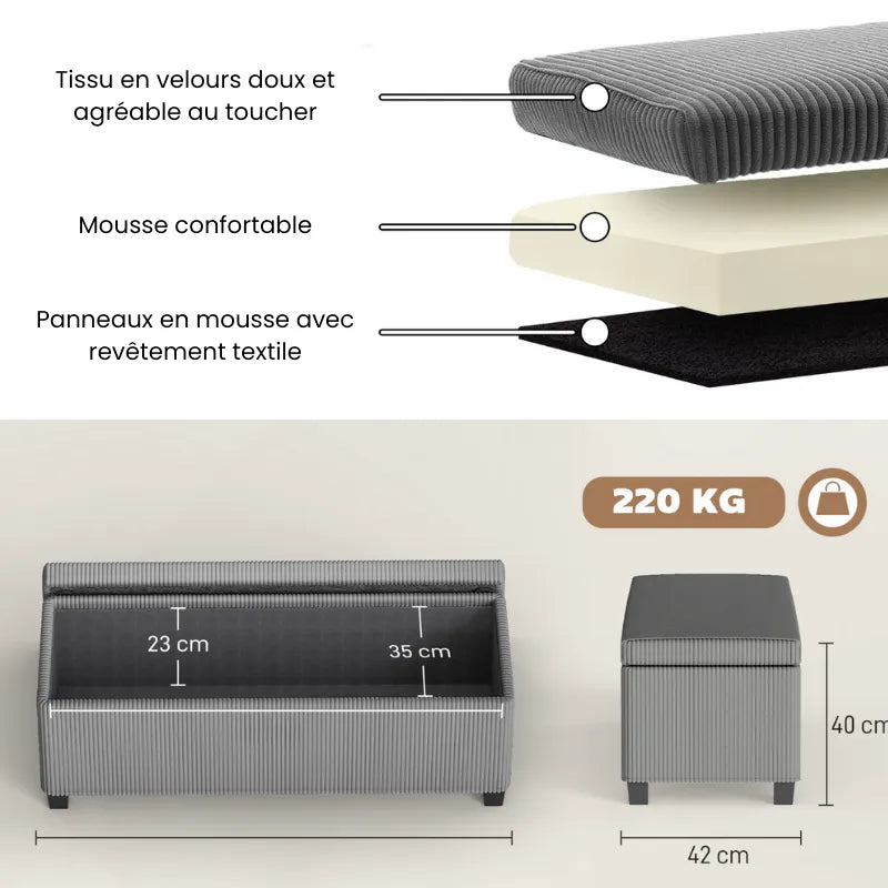 Banc de rangement en velours côtelé gris de Maison Banc, design moderne avec coffre intégré pour le rangement intérieur.