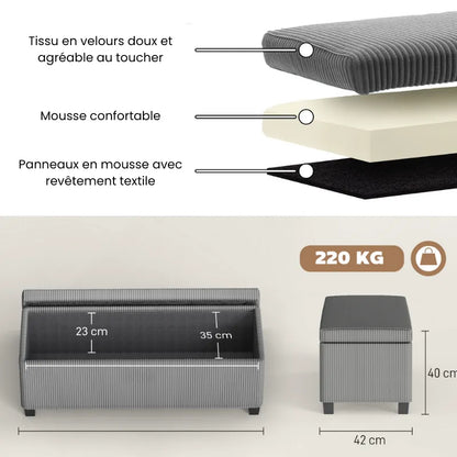 Banc de rangement en velours côtelé gris de Maison Banc, design moderne avec coffre intégré pour le rangement intérieur.