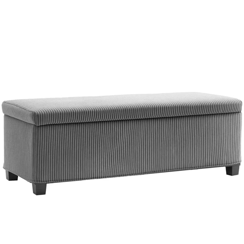 Banc de rangement en velours côtelé gris de Maison Banc, design moderne, avec coffre intégré, idéal pour salon ou chambre.